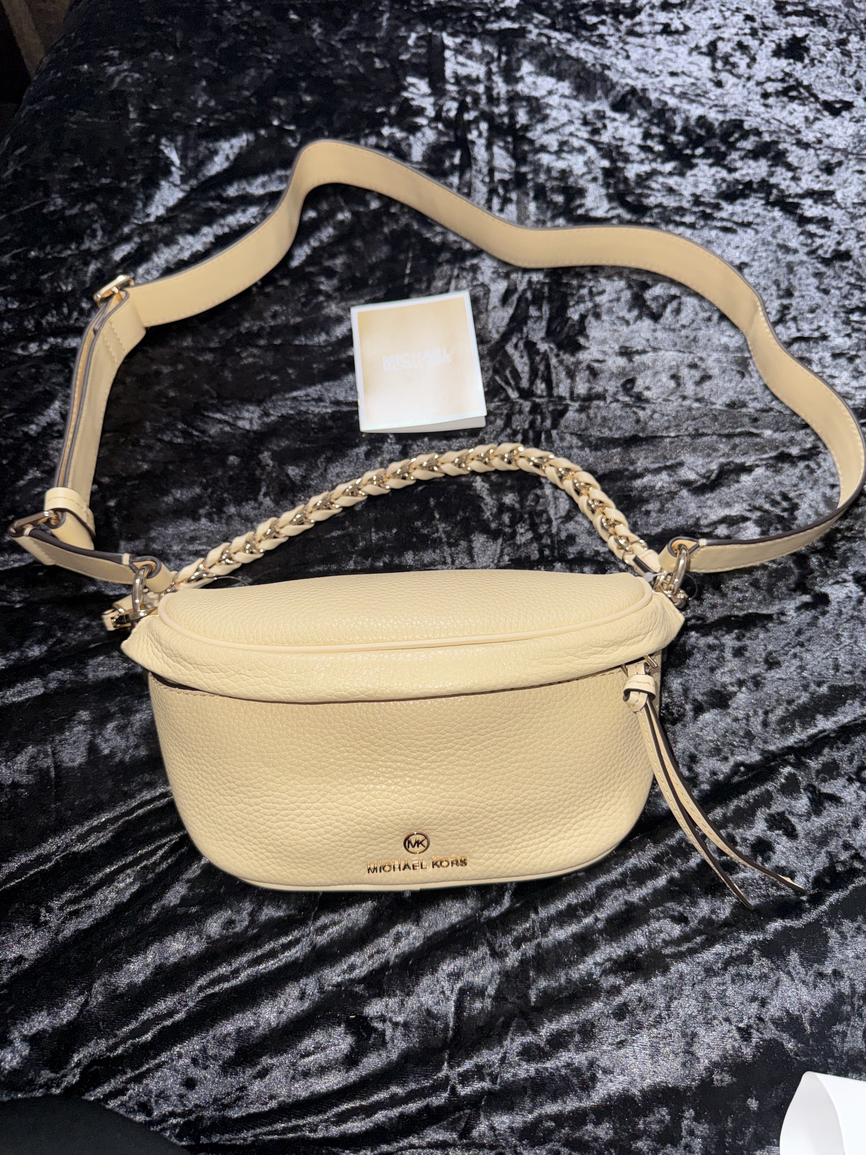 Michael Kors Cream Pebbled Leather Crossbody Belt Bag With Gold Chain